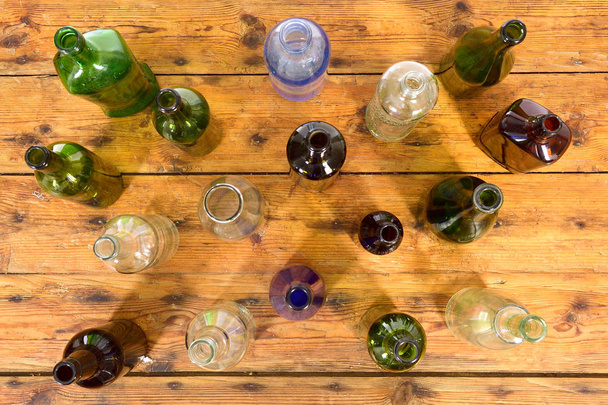 top view of bottles on table of wood - Photo, Image