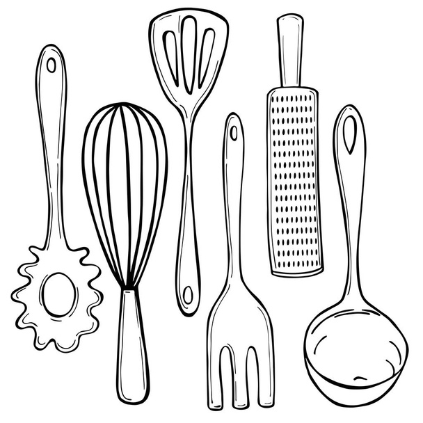 Handgezeichnete Küchengeräte. Vektorskizze als Illustration. - Vektor, Bild