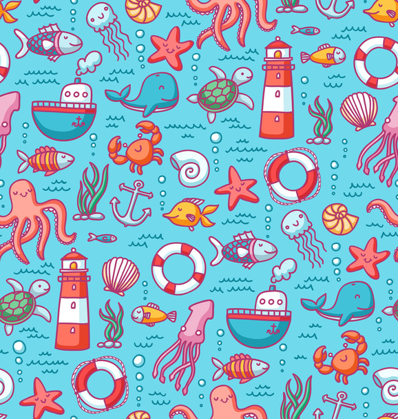 Sea doodles color pattern - Vector, Image