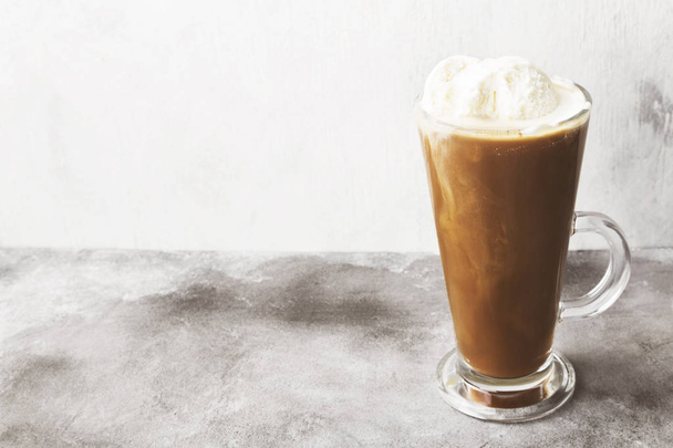 Ice coffee with ice cream on gray background. Copy space. Food b - Foto, Imagem