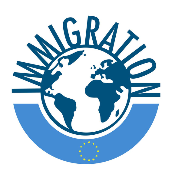 Concepto palabra inmigración en todo el mundo con bandera europea
 - Vector, imagen