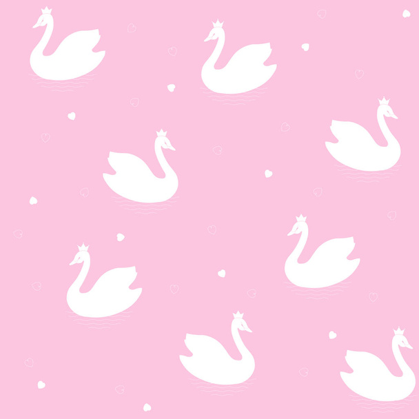 Swans. Seamless vector pattern of cartoons white birds on a colored background with hearts. - Vetor, Imagem