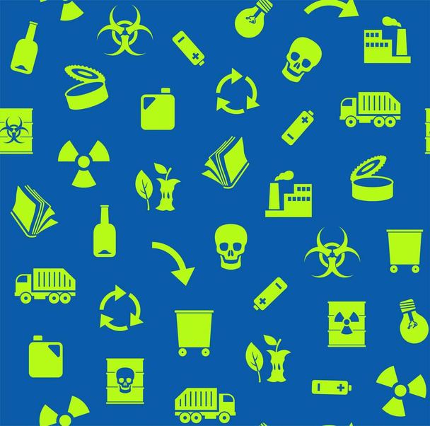 Waste, recycling, seamless pattern, blue, color, vector. Garbage collection, different types of waste. Vector, seamless background. Green, flat icons on blue background.  - Wektor, obraz