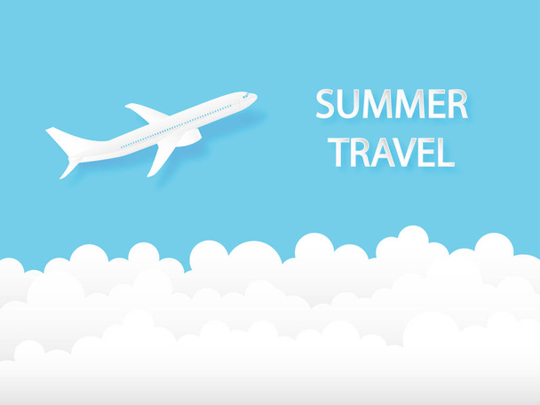 Summer travel concept airplane flying in the sky. Digital craft paper cut style. Vector illustration design. - Wektor, obraz
