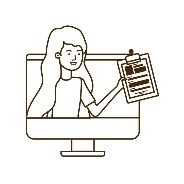 Nainen tietokoneen näytöllä valkoisella taustalla
 - Vektori, kuva