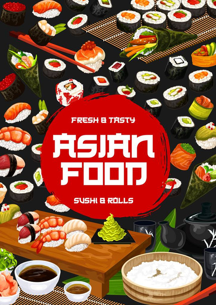 Asian sushi food, Japanese seafood and fish rolls - Vector, Image