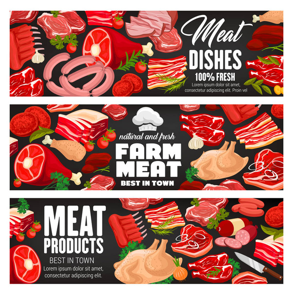 Produkty mięsne rzeźnicze, sklep mięsny żywności - Wektor, obraz
