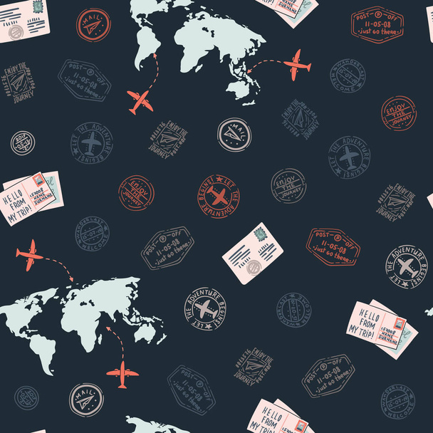 WebTravel seamless pattern with world map and post and visa stamps. - Vektor, Bild