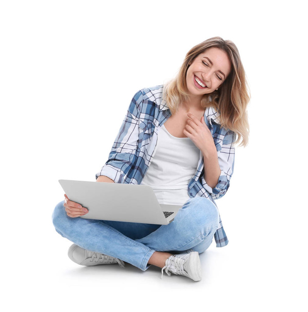 Woman using laptop for video chat isolated on white - Fotoğraf, Görsel