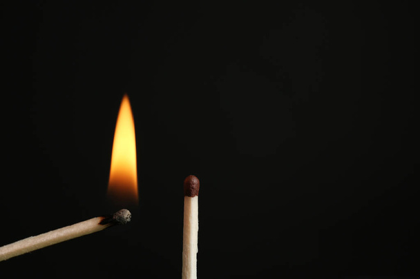 Lit and whole matches on black background, closeup. Space for text - 写真・画像