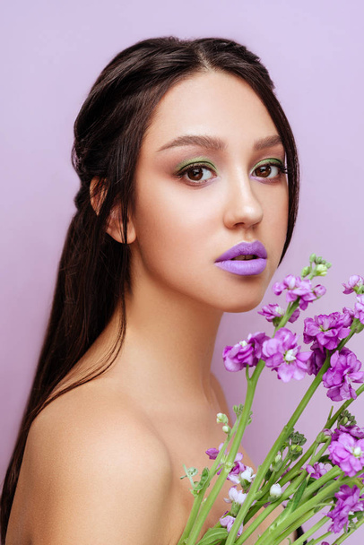 Beauty woman with floral crown magenta orchid flowers - Foto, imagen