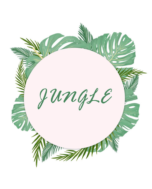 Tropical party invitation with palm leaves. Round frame. illustration. wedding invitation, greeting card on white background circle frame summer style - Foto, afbeelding
