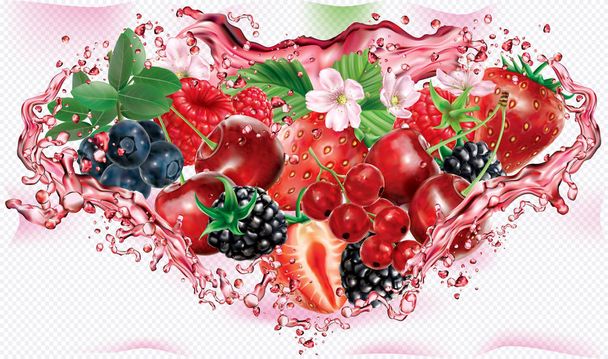 Berries juice. Berries mix into of splashes of juices in triangu - Vector, Image