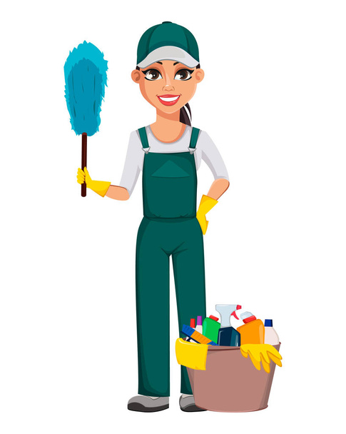 Cleaning service concept. Cheerful cartoon character - Vector, Image