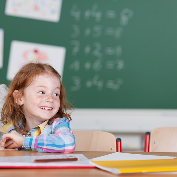 Small schoolgirl smiling in the classroom - Foto, Imagen