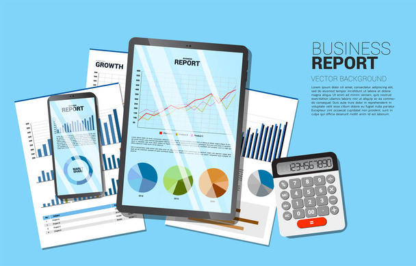 top view table business report in mobile phone and tablet with paper and calculator. Concept for digital business growth and trend report - Vector, Image