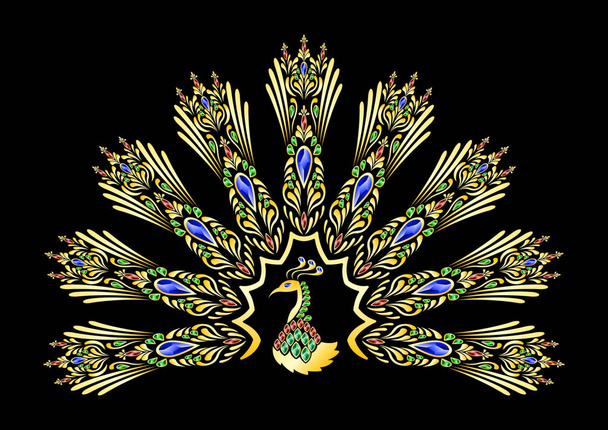 宝石で飾られた金の孔雀 - ベクター画像