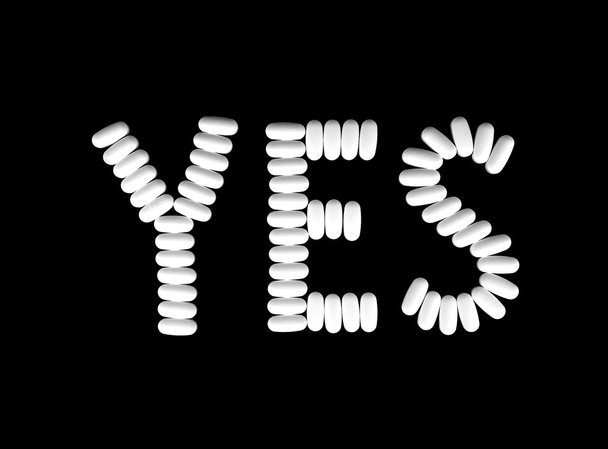 l-arginine siyah backgrou üzerinde kelime Evet beyaz tabletler - Fotoğraf, Görsel