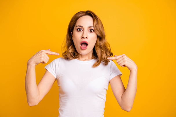 Close up photo beautiful she her lady yell shout scream raised arms hands index fingers direct not my fault chest oh no expression open mouth wear casual white t-shirt isolated yellow background - Фото, изображение
