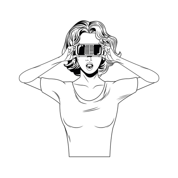 γυναίκα με ακουστικά εικονικής πραγματικότητας μαύρο και άσπρο - Διάνυσμα, εικόνα