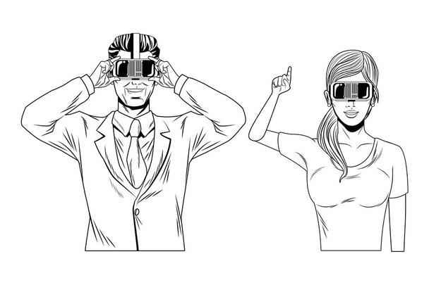 casal vestindo realidade virtual headset preto e branco
 - Vetor, Imagem