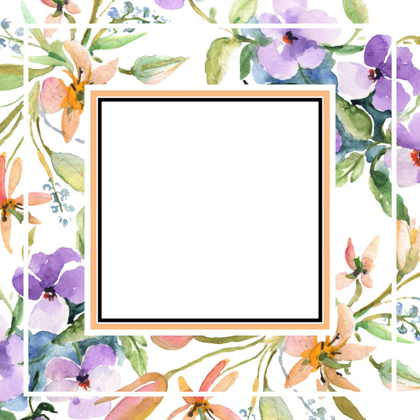 花束花植物の花。水彩画背景イラスト セット。フレーム枠飾りスクエア. - 写真・画像