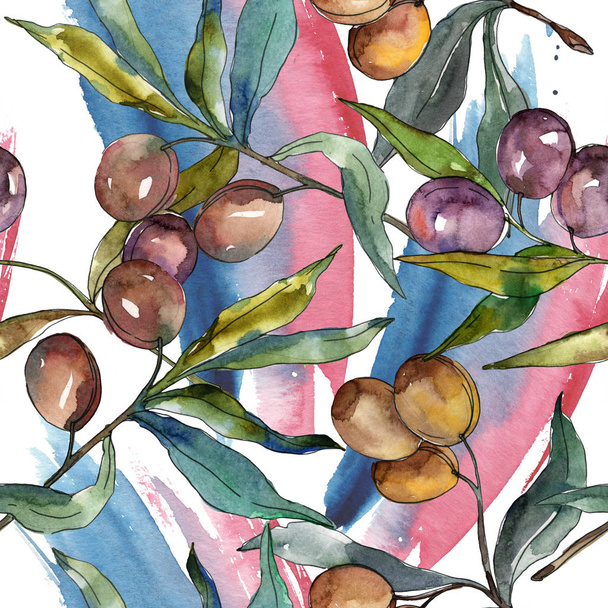 Olive branch with black and green fruit. Watercolor background illustration set. Seamless background pattern. - Valokuva, kuva