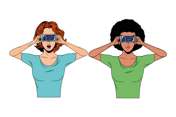 Frauen mit Virtual-Reality-Headset - Vektor, Bild