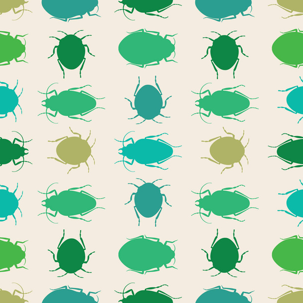 Green silhouette beetles on a cream background. A seamless vector repeat of bugs in rows. - Vector, Image