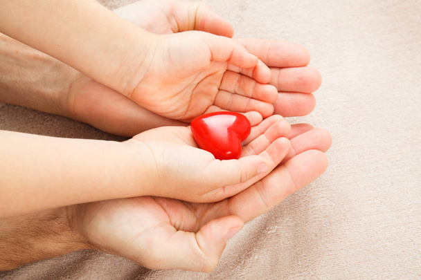 Adulto e criança mãos segurando coração vermelho
 - Foto, Imagem