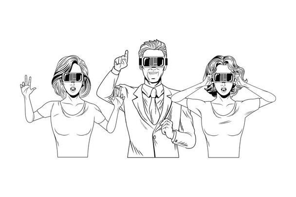 group of people with virtual reality headset black and white - Vector, Image