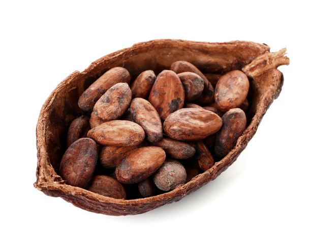 Cocoa pod with beans on white background - Photo, Image