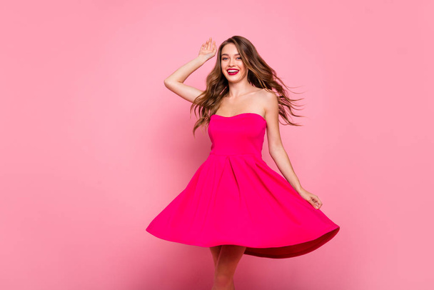 Close up photo beautiful she her dancing prom queen lady round wind fly blow air skirt plump allure rose lips graduation party wear cute shiny colorful dress isolated pink bright vivid background - Fotó, kép