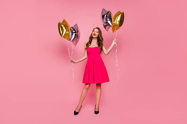 Full length body size photo beautiful amazing she her lady graduation day weekend hand arm hold star shape golden balloons gift present wear colorful formal-wear dress isolated pink bright background - Photo, Image