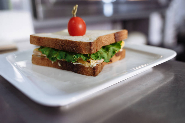 sandwich with cheese and greens decorated with tomato in a white rectangular plate on a metal table - Valokuva, kuva