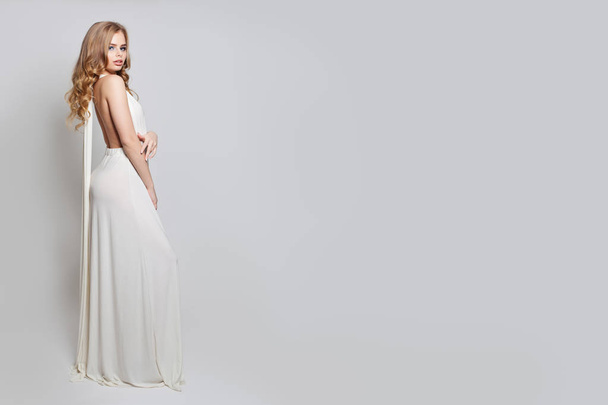 Blonde woman in white dress on white banner background - Photo, Image