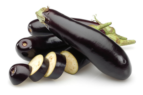 Eggplant or Aubergine vegetable and slices isolated on white bac - Photo, Image
