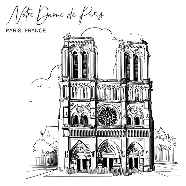 Notre Dame de Paris katedrális gyönyörű homlokzata. Lineáris vázlat egy akvarell texturált háttérrel. - Vektor, kép