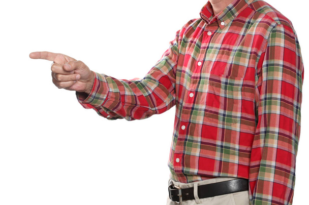 apontando conceito de dedo indicador: homem apontando seu dedo indicador isolado em fundo branco com espaço de cópia e caminho de recorte incluído
 - Foto, Imagem