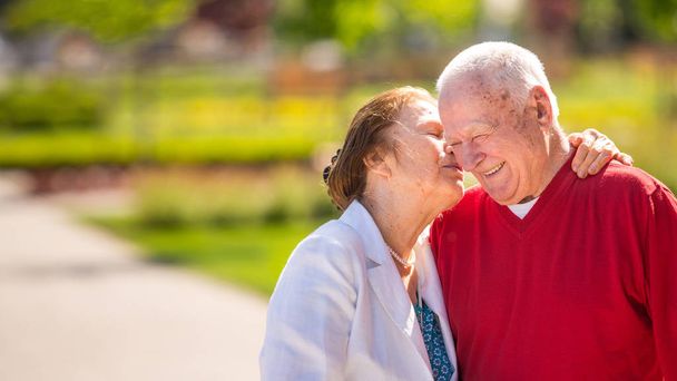 Cheerful senior couple having good time in city park, walking, laughing and enjoying sunny day - Photo, Image