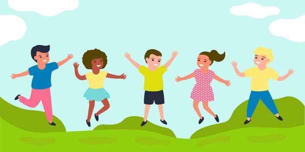Niños alegres saltan juntos en el soleado prado de verano. Ropa casual infantil multicolor. Feliz infancia de niños y niñas de diferentes naciones. Ilustración vectorial
 - Vector, Imagen