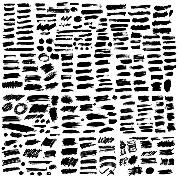 Giant set of black brush strokes. Paint, ink, brushes, lines, grunge. Strokes text. Dirty artistic design elements, boxes, frames. Freehand drawing. Vector illustration. Isolated on white background. - Vector, Image