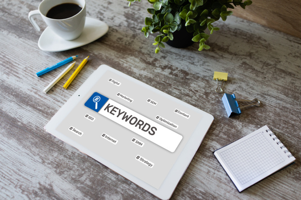 Keywords. SEO, Search engine optimization and internet marketing concept on screen. - Photo, Image