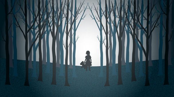 Girl with her teddy bear walking lost through a creepy forest. Minimalist vector landscape - Vector, Image