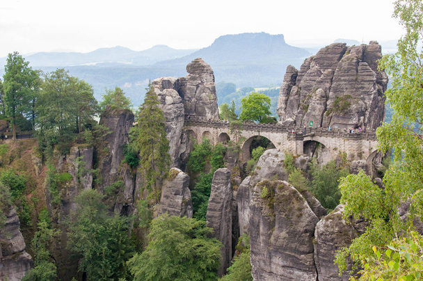 Mountain landscape of Saxon Switzerland. Forest-covered rocks. - Foto, Imagen