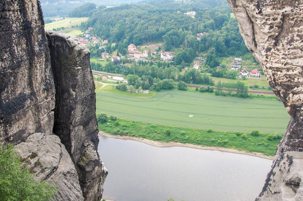 Mountain landscape of Saxon Switzerland River valley. Aerial view - Photo, Image