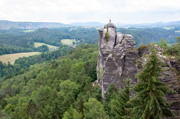 Mountain landscape of Saxon Switzerland. Forest-covered rocks. River valley. Aerial view - Foto, imagen