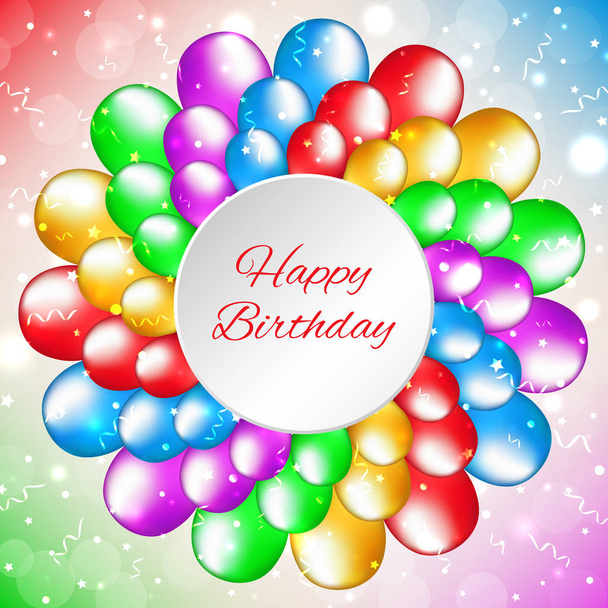 Happy birthday card with place for text. Balloon decoration. Holiday party background with colorful balloons. Multicolor balloons on a light bokeh background. Vector greeting card - Вектор, зображення