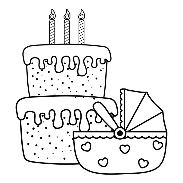 cradle with birthday cake in black and white - Vector, Image