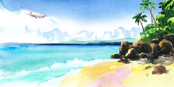Beautiful paradise tropical island with tropical beach, ocean, sandy beach, palm trees, rocks, flying airplane on sky, summer time, vacation and travel concept, hand drawn watercolor illustration - Photo, Image